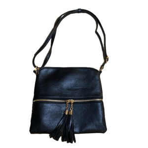 Black pleather shoulder or crossbody bag with gold colour hardware tassels